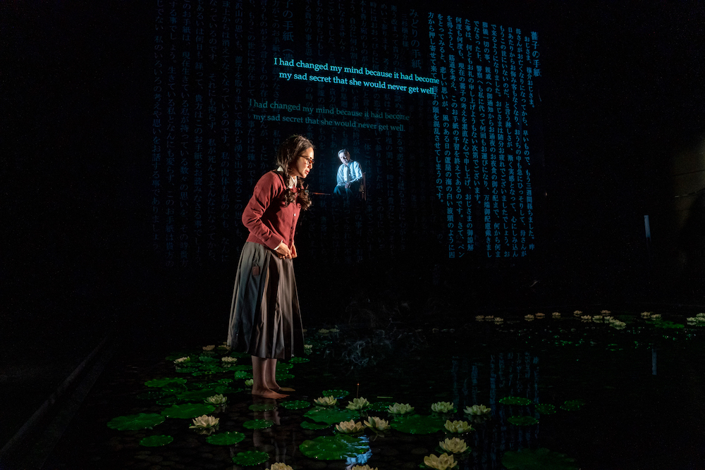 the complex but simple set of the Hunting Gun. Miki Nakatani, in glasses and somber  dress, stands on a circle of water lilies on the stage as Baryshnikov sits behind a scrim above her looking on, words are beautifully projected on a screen but it seems like they are hanging in the air